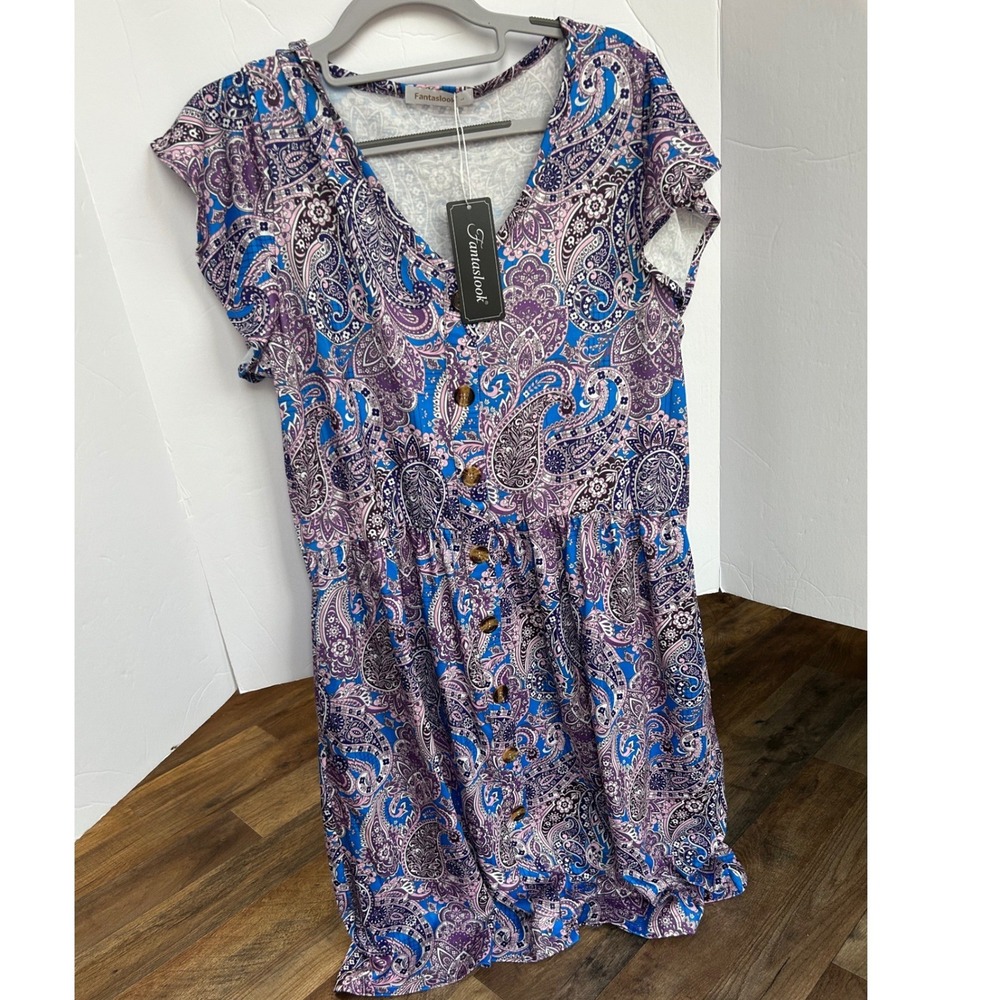 Fantaslook Paisley Mini Dress Womens L Blue Purple NWT Boho Button Front Flutter - Picture 1 of 5